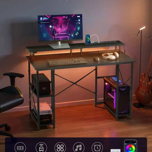 Dvipusis žaidimų stalas 120 cm su LED, maitinimu ir lentynomis, juodas - Darbo stalai