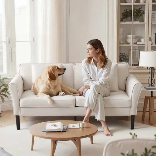 Balta aksominė sofa svetainei, miegamajam, biurui