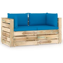 Dvivietė sodo sofa su pagalvėlėmis, žaliai impregnuota mediena, šviesiai mėlyna