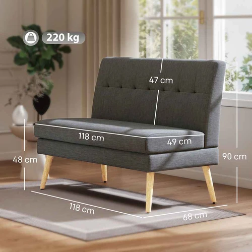 Dvivietė sofa, 118 cm, tamsiai pilka, lino imitacija, mažoms erdvėms - Sofos