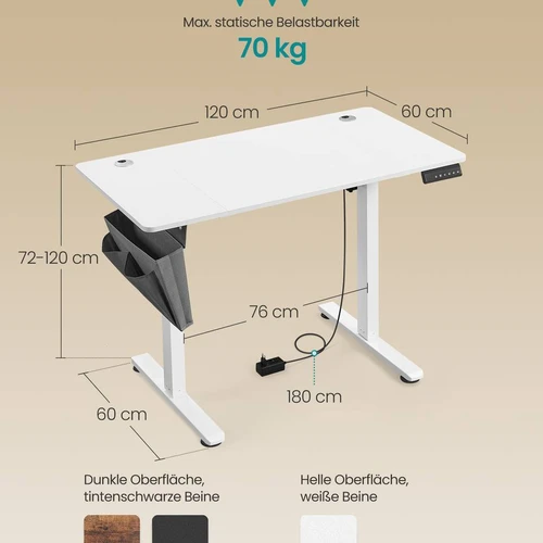 Elektrinis reguliuojamo aukščio rašomasis stalas 60x120x120cm., baltos/pilkos spalvos - Darbo stalai