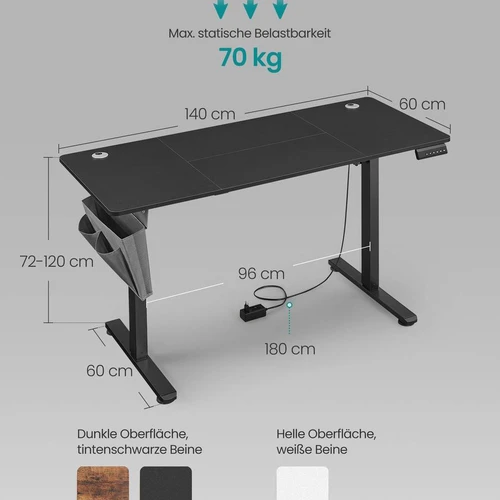 Elektrinis reguliuojamo aukščio rašomasis stalas 60x140x120cm., juodos/pilkos spalvos - Darbo stalai