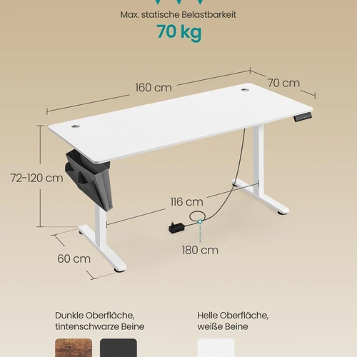 Elektrinis reguliuojamo aukščio rašomasis stalas 70x160x120cm., baltos/pilkos spalvos - Darbo stalai