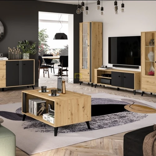 Elegantiška ąžuolo ir juodos blizgios spalvos lentyna