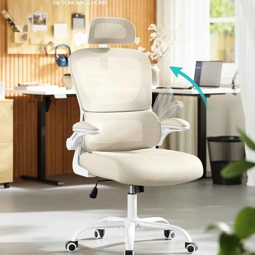 Ergonomiška biuro kėdė su tinkliniu audiniu ir sulankstomais porankiais, juoda - Darbo kėdės