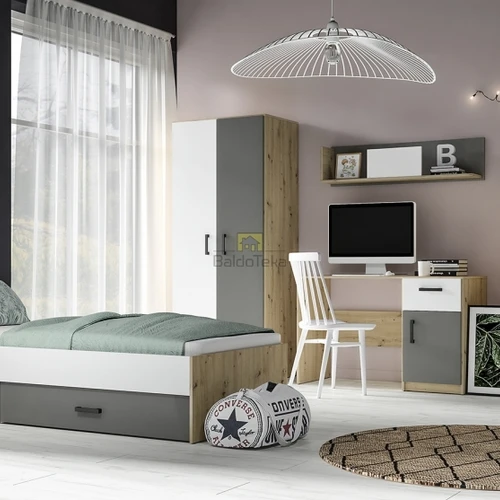 Lova su grotelėmis ir patalynės dėže, spalva balta/antracitas/ąžuolas