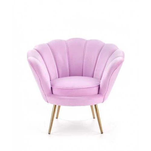 Elegantiška violetinė aksominė sofa su auksinėmis kojomis