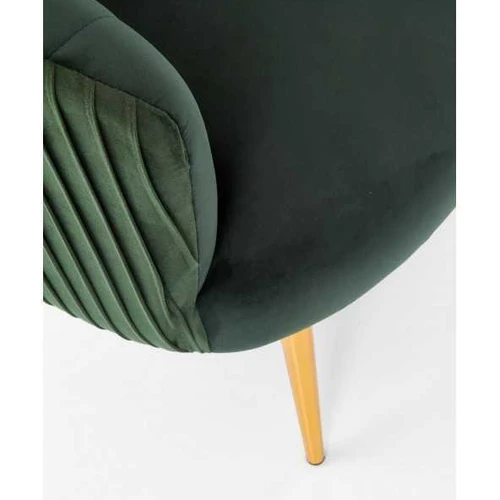 Elegantiška aksominė žalia fotelis su aukso kojomis