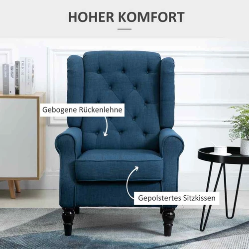 Mėlynas fotelis su lakuotomis medinėmis kojomis