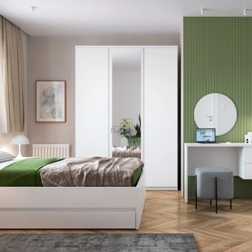 Minimalistinė balta lova su papildoma talpa