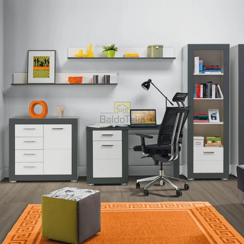 Kompaktiška balta spinta su pilka dekoracija