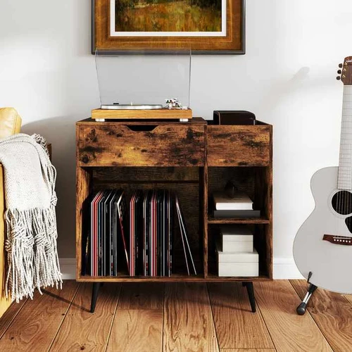 Rustic rudos spalvos patefono stovas su įkrovimo stotele  Universalus vinilo grotuvų stovas 80x40x79 cm su stalčiumi  Patefono stovas su USB įkrovim