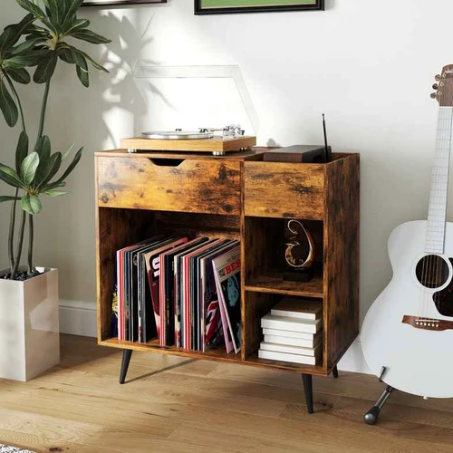 Rustic rudos spalvos patefono stovas su įkrovimo stotele  Universalus vinilo grotuvų stovas 80x40x79 cm su stalčiumi  Patefono stovas su USB įkrovim
