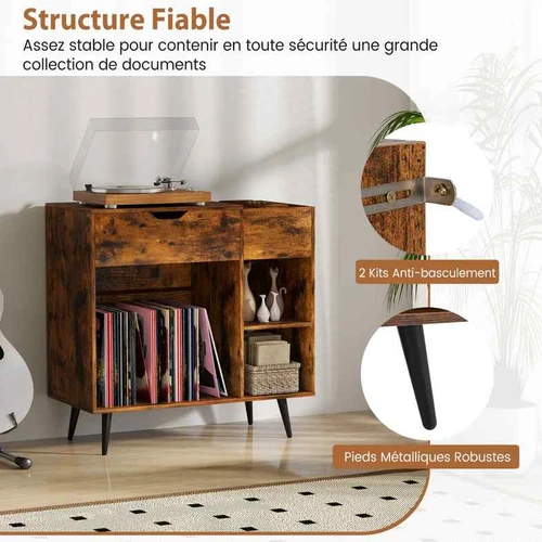 Rustic rudos spalvos patefono stovas su įkrovimo stotele  Universalus vinilo grotuvų stovas 80x40x79 cm su stalčiumi  Patefono stovas su USB įkrovim