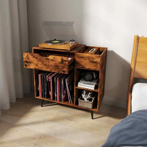 Rustic rudos spalvos patefono stovas su įkrovimo stotele  Universalus vinilo grotuvų stovas 80x40x79 cm su stalčiumi  Patefono stovas su USB įkrovim