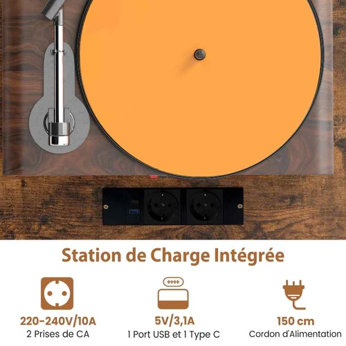 Rustic rudos spalvos patefono stovas su įkrovimo stotele  Universalus vinilo grotuvų stovas 80x40x79 cm su stalčiumi  Patefono stovas su USB įkrovim