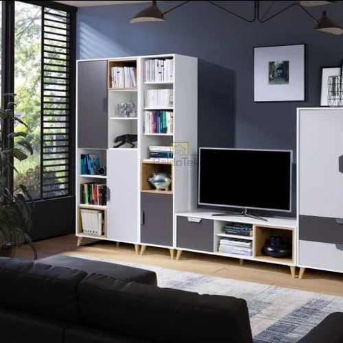 Šiuolaikiška balta matinė spinta su grafito ir ąžuolo detalėmis