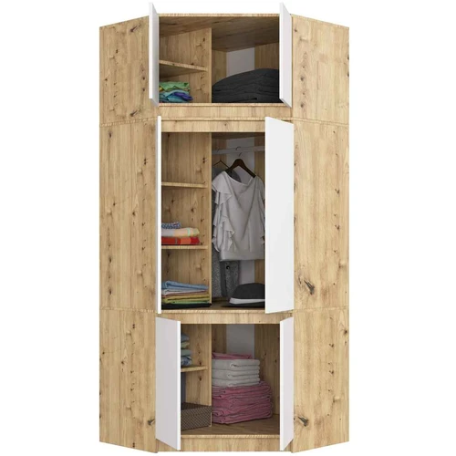Kampinė drabužių spinta S100, 6 durys, ąžuolo/baltos spalvos, 100 × 235 × 50 cm - Spintos, spintelės