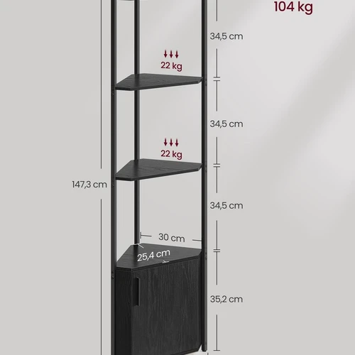 Kampinė lentyna su daiktadėže VASAGLE, 5 pakopos, Juoda, 44,5 × 147,3 × 25,4 cm - Lentynos