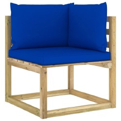 Kampinė sodo sofa su pagalvėlėmis, mėlynas, impregnuota pušis - Foteliai, sofos
