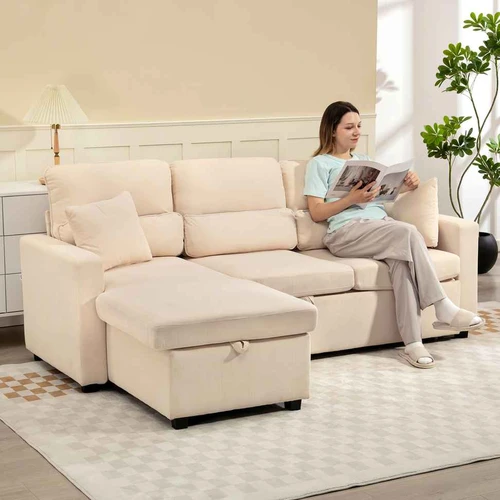 Kampinė sofa-lova, Dvipusė, Su daiktadėže, Smėlio, 205 × 76 × 135 cm - Minkšti kampai