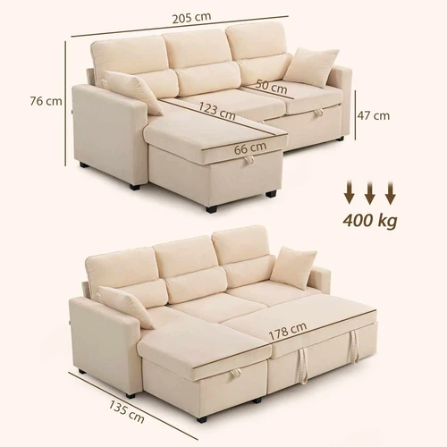Kampinė sofa-lova, Dvipusė, Su daiktadėže, Smėlio, 205 × 76 × 135 cm - Minkšti kampai