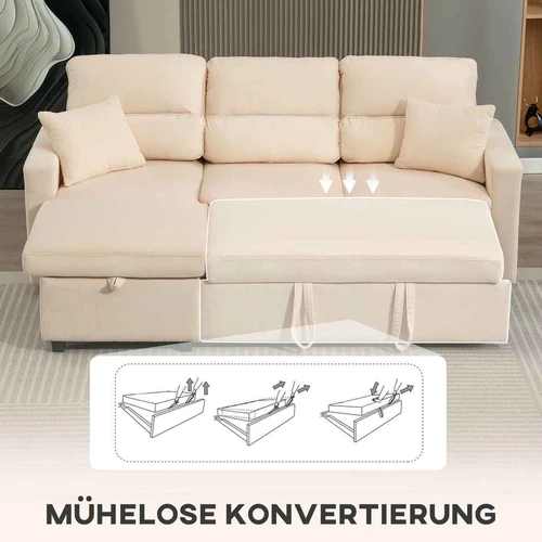 Kampinė sofa-lova, Dvipusė, Su daiktadėže, Smėlio, 205 × 76 × 135 cm - Minkšti kampai