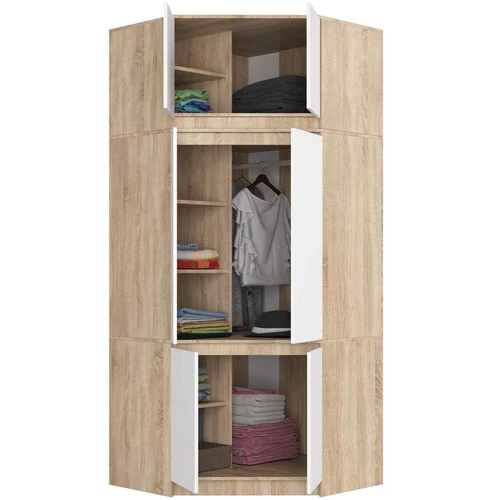 Kampinė spinta S100, su antstatu, 6 durimis, rudos/baltos spalvos, 100 × 235 × 50 cm - Spintos, spintelės