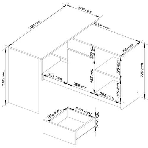 Tvirtas laminuotas stalas su erdviomis lentynomis