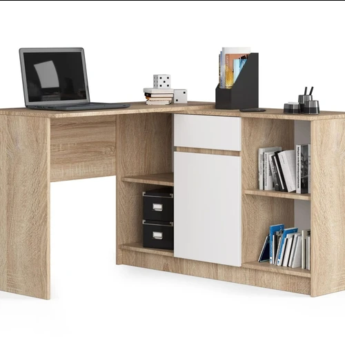 Kampinis rašomasis stalas NORE B-17, baltos/ąžuolo spalvos