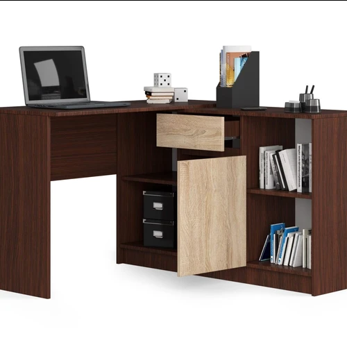 Dviejų spalvų laminuotas kampinis stalas su daugybe sandėliavimo vietų