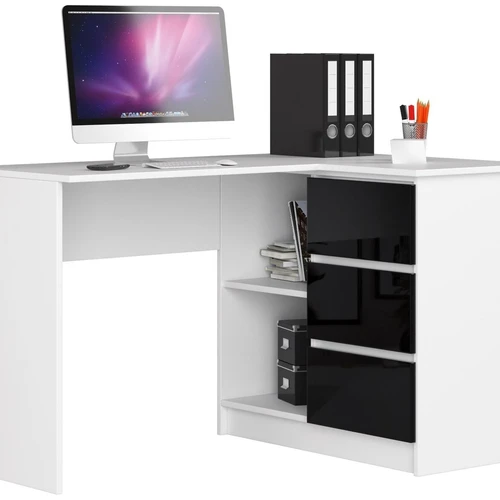 Kampinis rašomasis stalas NORE B16, dešininis, baltas/juodas