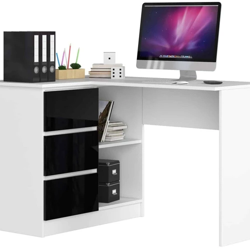 Kampinis rašomasis stalas NORE B16, kairinis, baltas/juodas