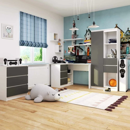 Baltas kampinis stalas su grafito detalėmis – patraukli kaina ir garancija