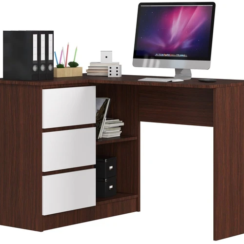 Kampinis rašomasis stalas NORE B16, kairinis, baltas/tamsiai rudas