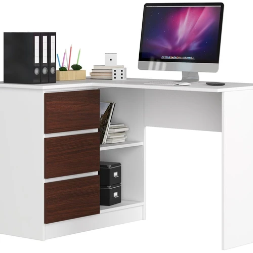 Kampinis rašomasis stalas NORE B16, kairinis, baltas/tamsiai rudas