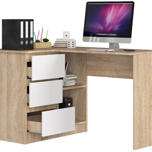 Baltas kampinis stalas su sonomos ąžuolo detalėmis