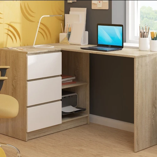 Modernus kampinis stalas su atviromis spintelėmis