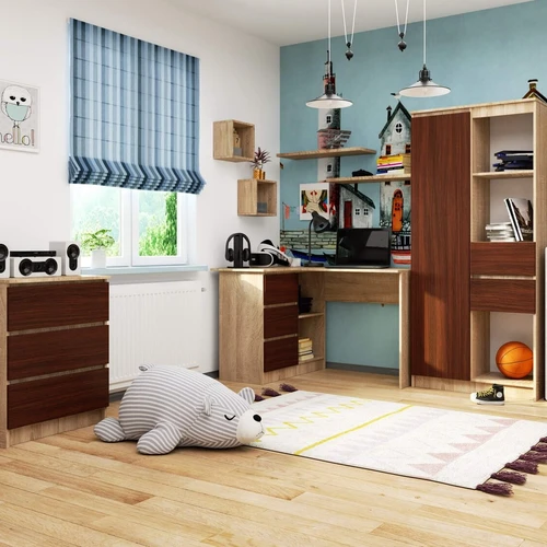 Kairėje pusėje trys stalčiai ir dvi lentynos