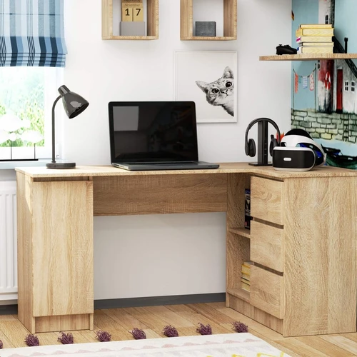 Kampinis rašomasis stalas B20 su trimis stalčiais ir spintele