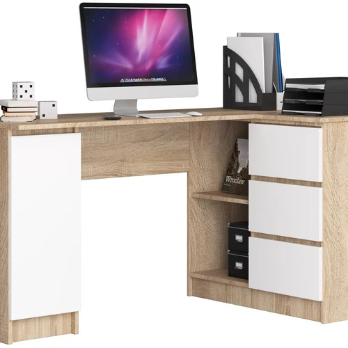 Kampinis rašomasis stalas NORE B20, dešininis, ąžuolo/baltos spalvos