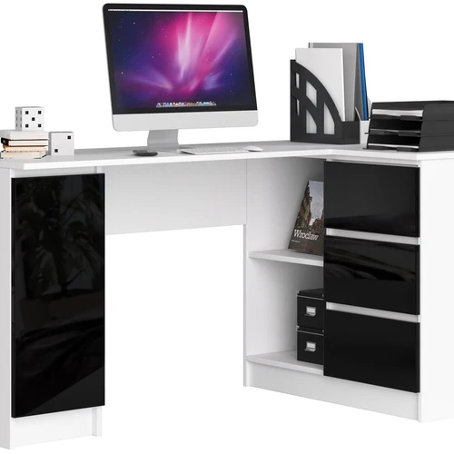 Kampinis rašomasis stalas NORE B20, dešininis, baltas/juodas