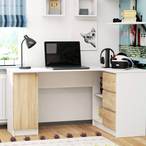 Erdvus kampinis stalas su dideliu stalviršiu