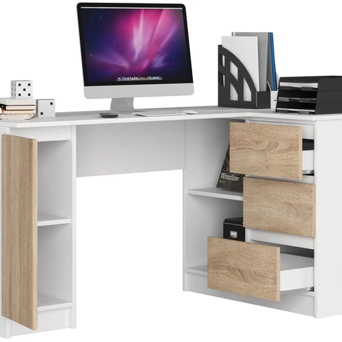 Modernus baltas rašomasis stalas su ąžuolo atspalviu