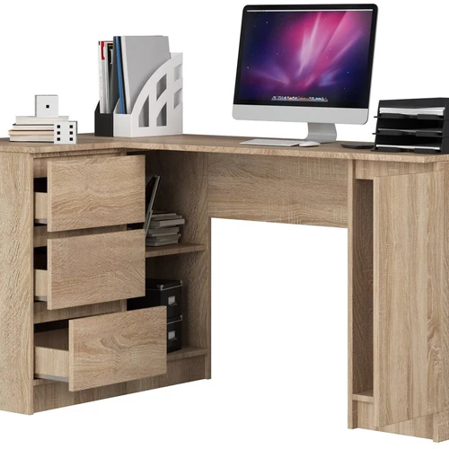 Elegantiškas L formos stalas su papildoma laikykla