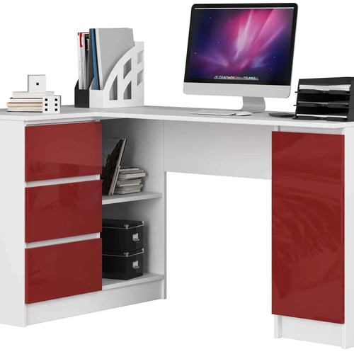 Kampinis rašomasis stalas NORE B20, kairinis, baltas/raudonas