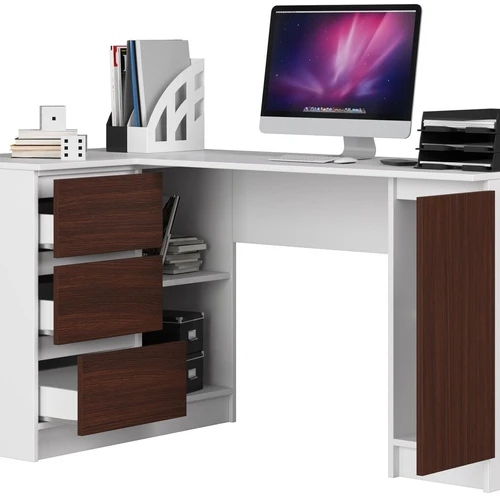 Modernus kampinis stalas baltos ir tamsiai rudos spalvos