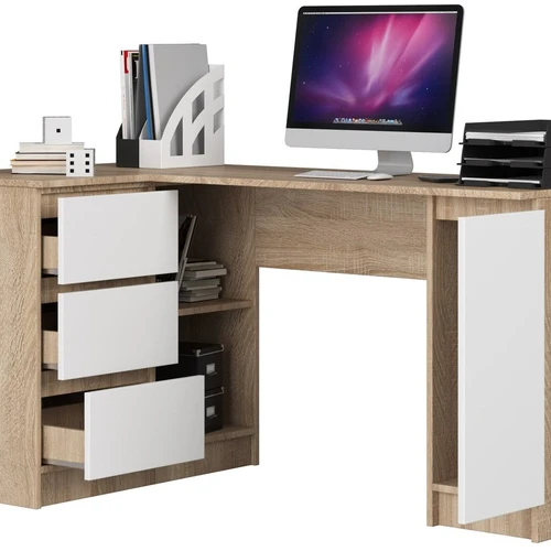 Modernus baltas kampinis stalas su ąžuolo sonomis