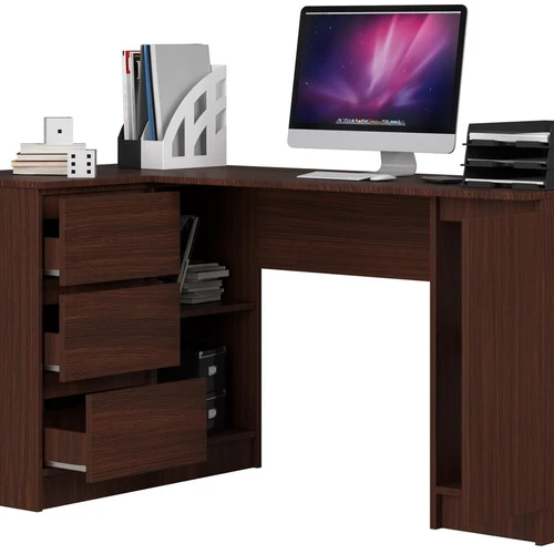 Šiuolaikiškas kampinis kompiuterio stalas su stalčiais ir spintele
