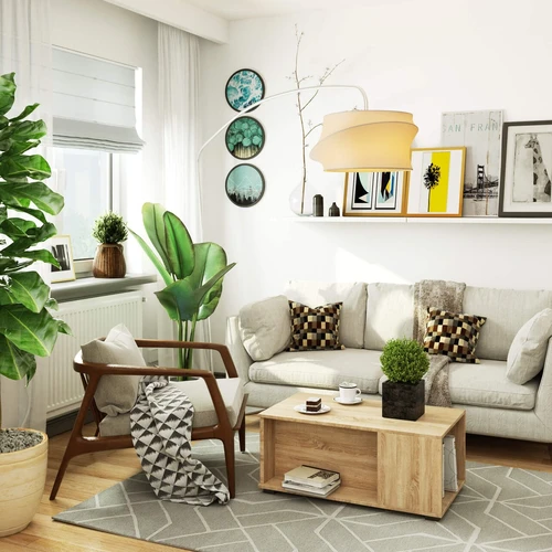 Mažas kavos staliukas su giliomis lentynomis ir funkcionaliu dizainu